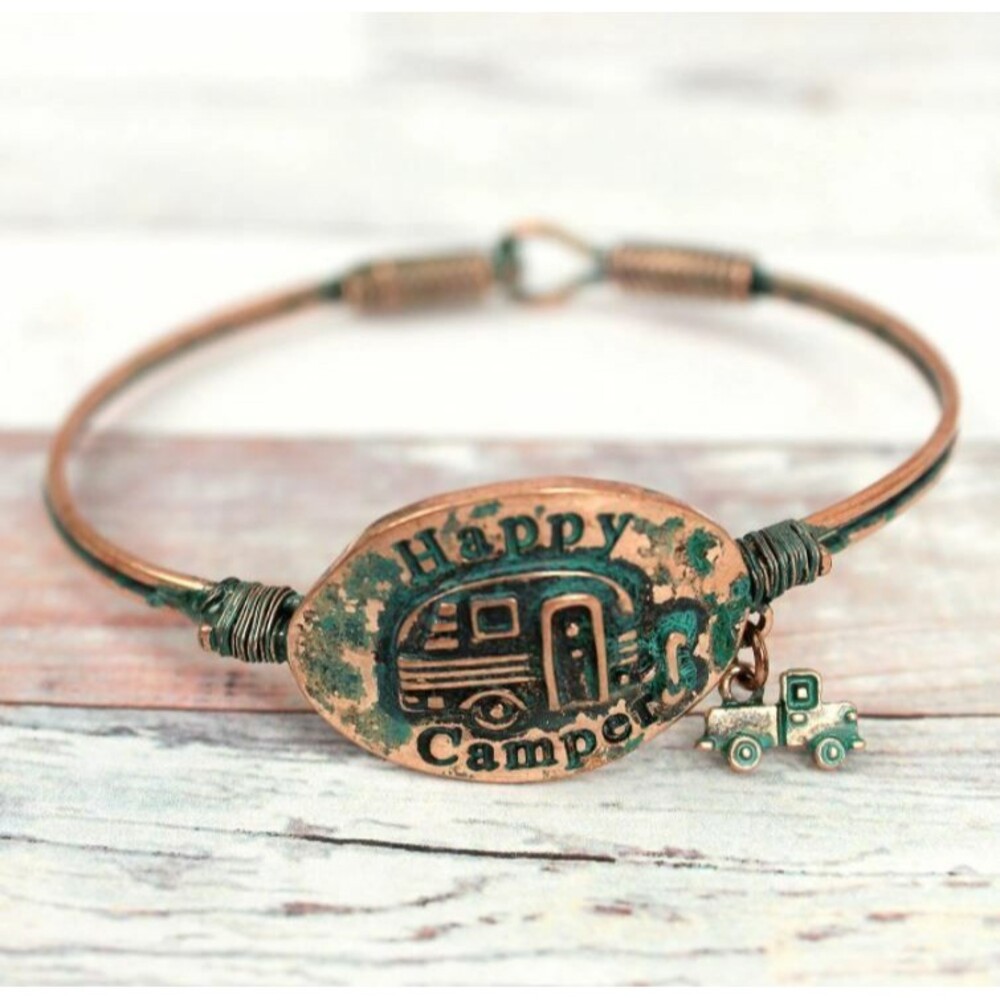 Happy Camper Bracelet NEW Copper Patina Vintage RV Travel Trailer Jewelry - Picture 4 of 7